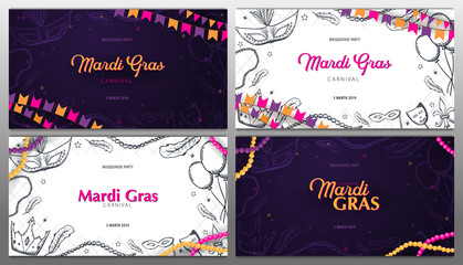 Set of banners Mardi gras carnival party. Masquerade. Fat tuesday, festival. Vector illustration. © leo_d