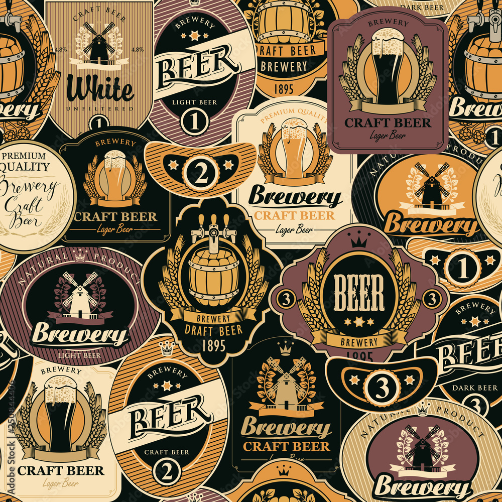 Poster vector seamless pattern on the theme of beer with various beer labels with images of barrels, beer g