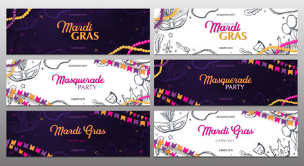 Set of banners Mardi gras carnival party. Masquerade. Fat tuesday, festival. Vector illustration. © leo_d