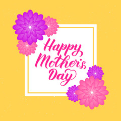 Happy Mother’s Day calligraphy lettering with colorful spring flowers. Origami paper cut style vector illustration. Template for Mothers day party invitations, greeting cards, tags, flyers, posters.