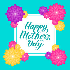 Happy Mother’s Day calligraphy lettering with colorful spring flowers. Origami paper cut style vector illustration. Template for Mothers day greeting cards, party invitations, tags, flyers, posters.