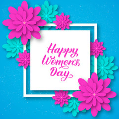 Happy Women’s Day calligraphy lettering with origami flowers. Paper cut style vector illustration. Floral international womens day banner, poster, party invitations, greeting cards, e