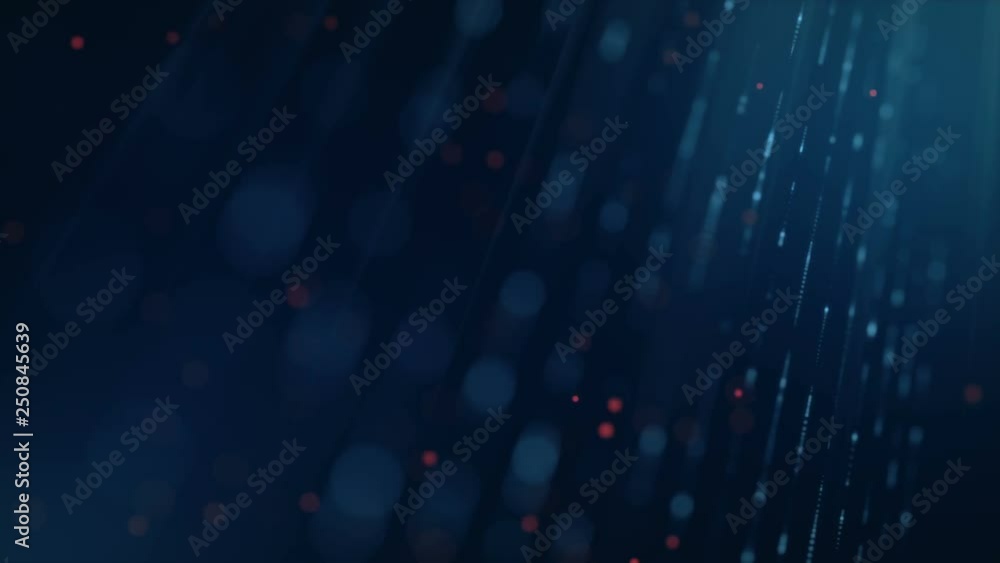Poster abstract blue colored background with animation falling glittering particles as festive rain. red sh