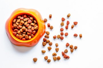 dry pet food in bowl on white background top view