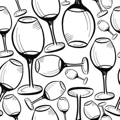 Wine glasses pattern, seamless vector background hand drawn sketch doodle wine glasses black on white background