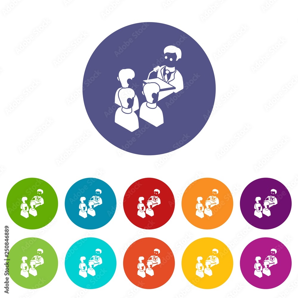 Poster election speak conference icons color set vector for any web design on white background