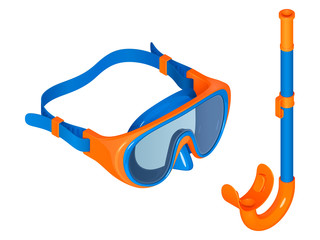 Swimming set. Snorkel and mask in isometric view, blue and orange vector illustration on a white background.