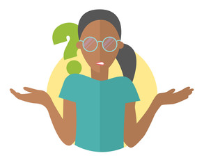 Flat design icon. Pretty black girl in glasses doubts. Woman with a question mark.
