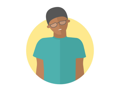 Weak, sad, depressed black boy in glasses. Flat design icon. Handsome man with feeble depression emotion. Simply editable isolated on white illustration
