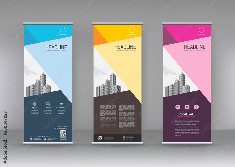 Poster vector vertical banner. banner design in three different color with building illustration. abstract 