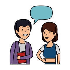 young couple with speech bubble characters