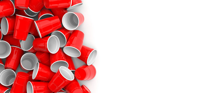 Plastic red color disposable cups pile on white background, banner. 3d illustration