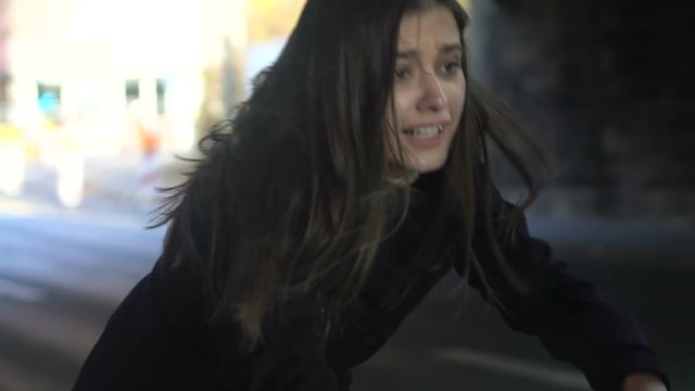 Girl in despair looking at thief running away with her purse self defense, crime