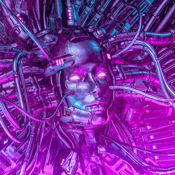 Dreaming in code / 3D illustration of robotic science fiction female artificial intelligence hardwired to computer core