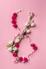 Number eight with white and pink rose, pearl and ribbon