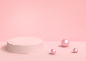 Pastel pink background with round podium and pearls