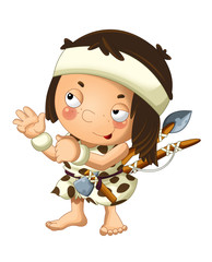 cartoon scene with happy caveman barbarian warrior fisherman with spear and axe on white background illustration for children