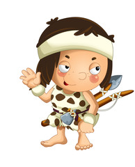 Obraz premium cartoon scene with happy caveman barbarian warrior fisherman with spear and axe on white background illustration for children