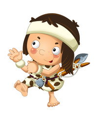 cartoon scene with happy caveman barbarian warrior fisherman with spear and axe on white background illustration for children