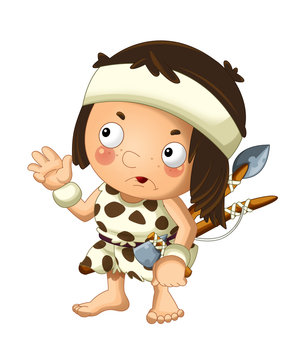 recommend clip art: cartoon scene with happy caveman barbarian warrior fisherman with spear and axe on white background illustration for children