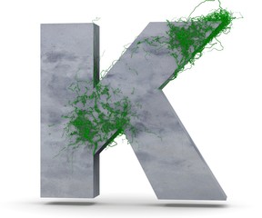 Concrete Capital Letter - K from which the vine grows, isolated on white background. 3D render Illustration