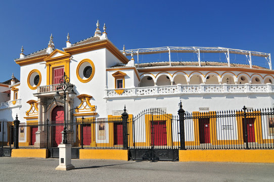 Spain, Andalusia, Sevilla, Plaza de Toros de la Real Maestranza de Caballeria de Sevilla, the Baroque facade of the bullring.