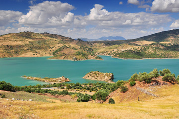 Fototapeta na wymiar Panoramic view over Embalse de Zahara inland lake, Andalusia, Spain.