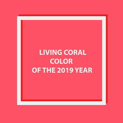 Living coral vector background. Empty picture frame mock up. Minimalism template flat lay out.