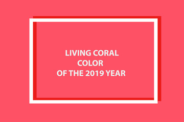 Living coral vector background. Empty picture frame mock up. Minimalism template flat lay out.