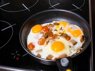 The image of fried eggs close up