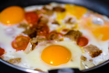 The image of fried eggs close up