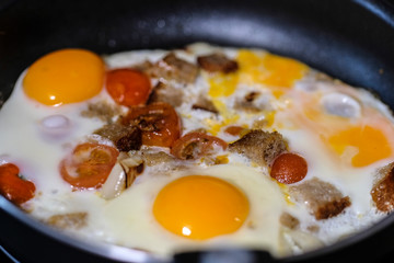 The image of fried eggs close up