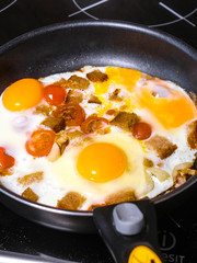The image of fried eggs close up