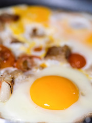 The image of fried eggs close up
