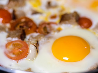 The image of fried eggs close up