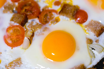 The image of fried eggs close up