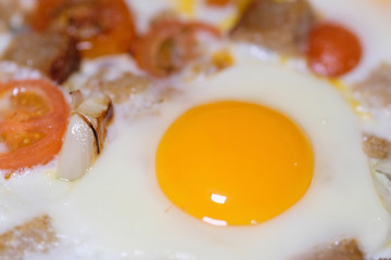 The image of fried eggs close up