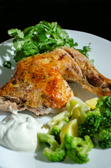 traditional fried chicken with vegetables sauce and greens