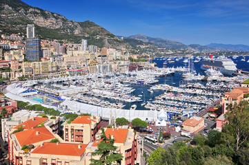 Elevated view of Monte Carlo and harbor in the Principality of Monaco, Western Europe on the Mediterranean Sea.