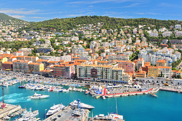 Fototapeta na wymiar Port du Nice (Nice's port) as seen from above in La Colline du Chateau in Nice, France.