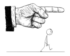 Cartoon stick figure drawing conceptual illustration of frustrated man walking while big hand in suit is pointing and giving him order to go or leave. Concept of superiority and dominance.