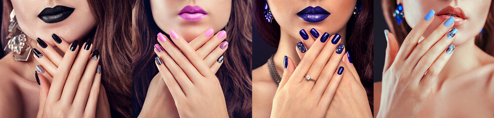Four types of purple nail design. Beautiful woman with perfect make-up, manicure and jewellery. Fashion