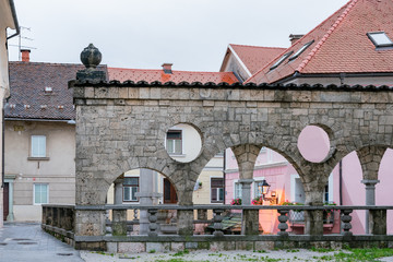 Exterior view of the beautiful Plecnik's arcade and fountain