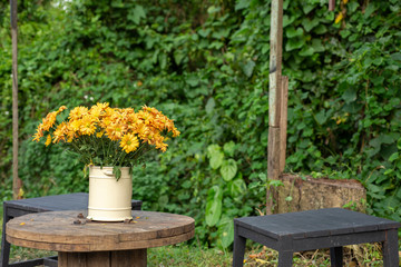 Outdoor yellow flower in vase on wood table