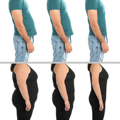 Overweight people before and after weight loss on white background, closeup