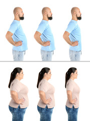Overweight people before and after weight loss on white background