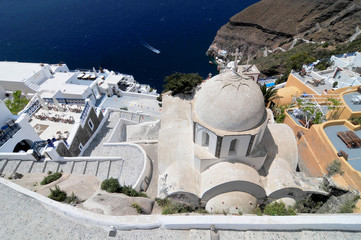 Santorini Island (Santorini). Thera, view with the church of Agios Ioannis. Greece, Cyclades.