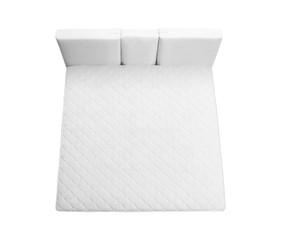 Modern bed with comfortable soft mattress on white background, top view