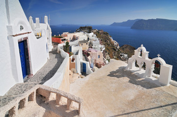 Greece, Cyclades, Thira, Santorini, Oia, View of lontza fort in village.