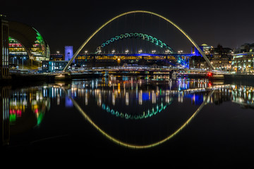 The bridges over the river Tyne at night in Newcastle, England
